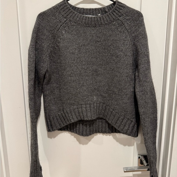 Pam & Gela Elbow Patch Cropped Knit Sweatert Petite P gray. D - Picture 4 of 9